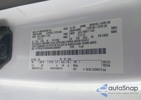 2019 Ford F-150 Xl z USA, uszkodzony, nr VIN 1FTEX1CB9KKC00967